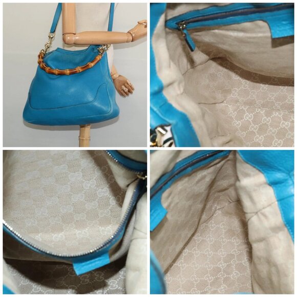 GUCCI Bamboo Hand Bag Leather 2way Blue Gold - Picture 16 of 16